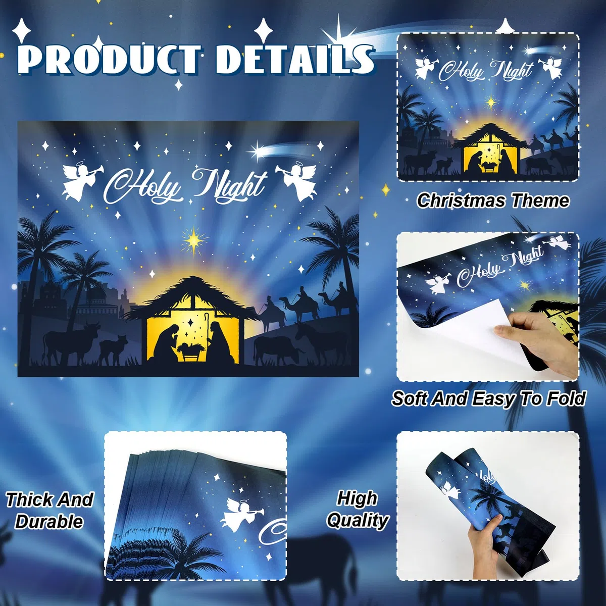 OBUSATT 100 manteles individuales de papel de Navidad con diseño de noche santa, para belén, color azul, manteles individuales de cocina para vacaciones, fiesta de invierno, decoración de mesa de