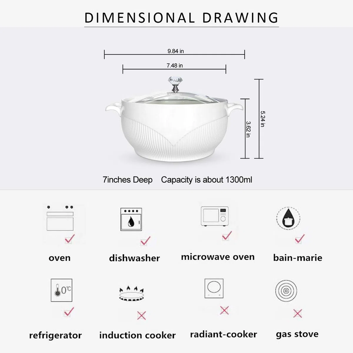 ABHOME Sopera de porcelana con tapa de cristal transparente para sopa de cerámica para restaurante, hogar, cocina, decoración blanca, bonita olla (1,3 L)