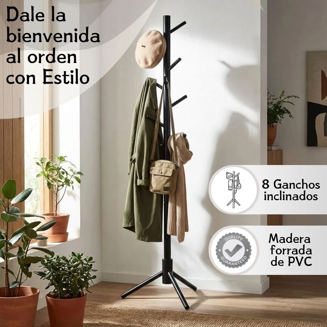 Perchero de Pie de Madera Forrada | Estilo Árbol, Altura Ajustable, 8 Ganchos, Base Estable, Ideal para Entrada, Dormitorio u Oficina, Montaje sin Herramientas (Negro)