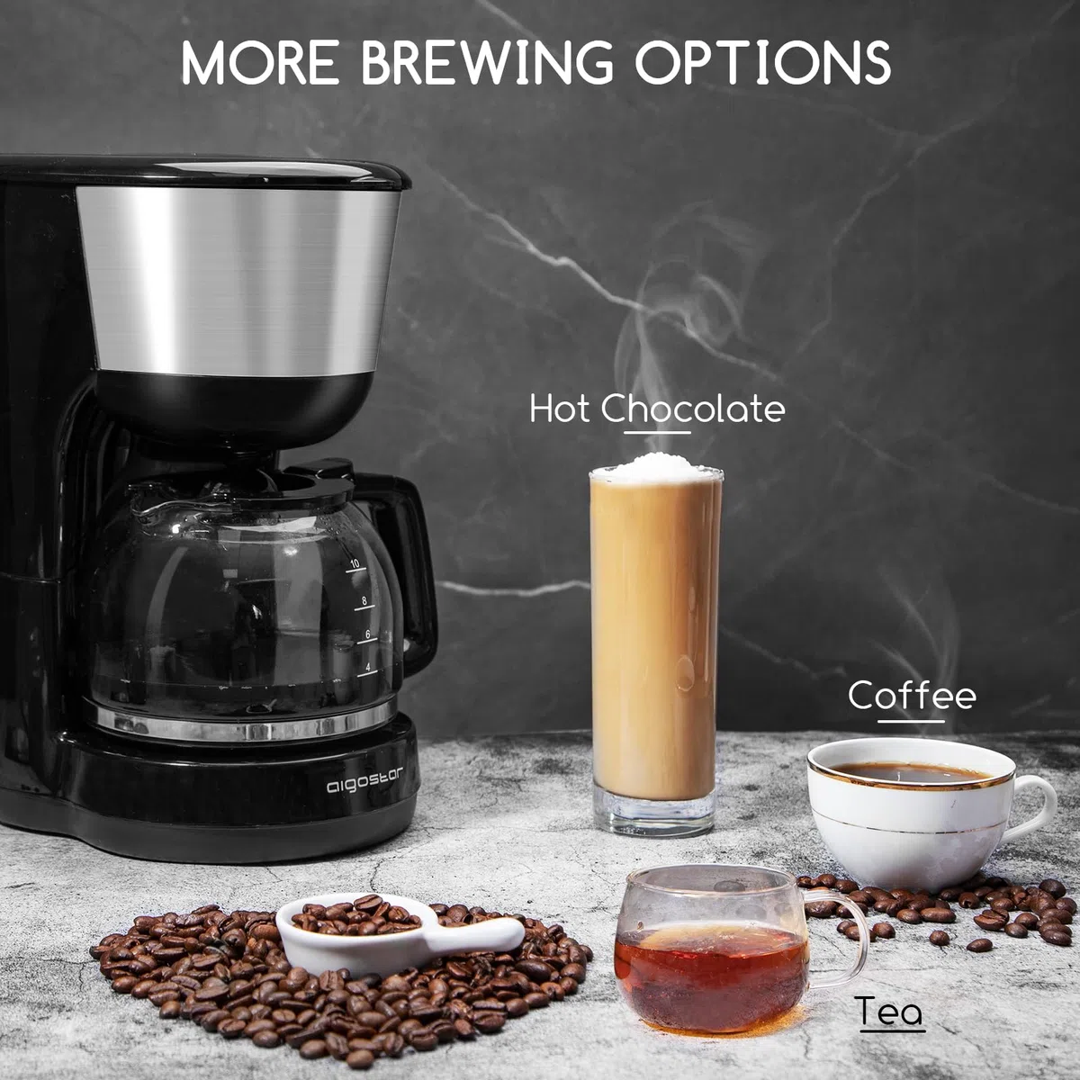 Aigostar Chocolate - Cafetera de Goteo de 1000W, Capacidad 1,25L (10-12 Tazas), Función Mantener Caliente y Sistema Antigoteo, Filtro Permanente Reutilizable y Lavable, Libre de BPA, Negro