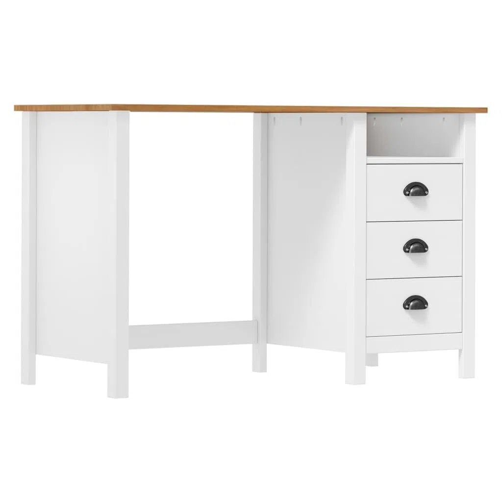 Escritorio Hill de madera maciza de pino con 3 cajones, 120 x 50 x 74 cm, estante y asas para vasos, ideal para oficina, oficina, habitación infantil y trabajo ergonómico