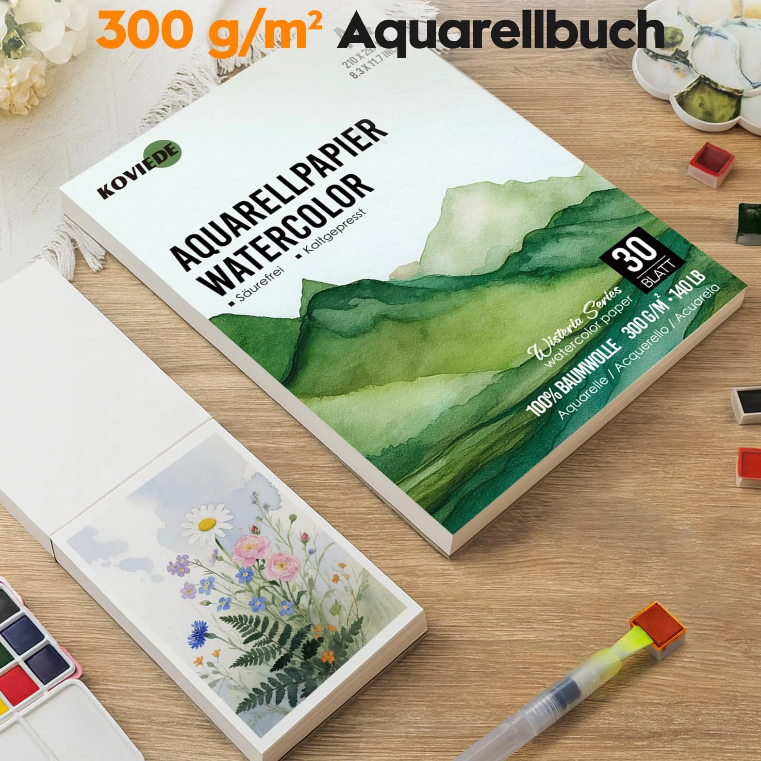 KOVIEDE Papel de acuarela 100% algodón A4, 30 hojas de 300 g/m², papel de acuarela para acuarelas, cuaderno de bocetos de acuarela, papel acuarela para estudiantes, principiantes, cuaderno de bocetos