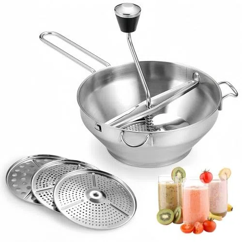 Volumoon Pasapures, Molinillo de Verduras Manual, Pasapures Acero Inoxidable con 3 Intercambiables Discos, Pasa Pure, Fácil de Usar para Puré de Bebé, Mermeladas, Verduras, Frutas