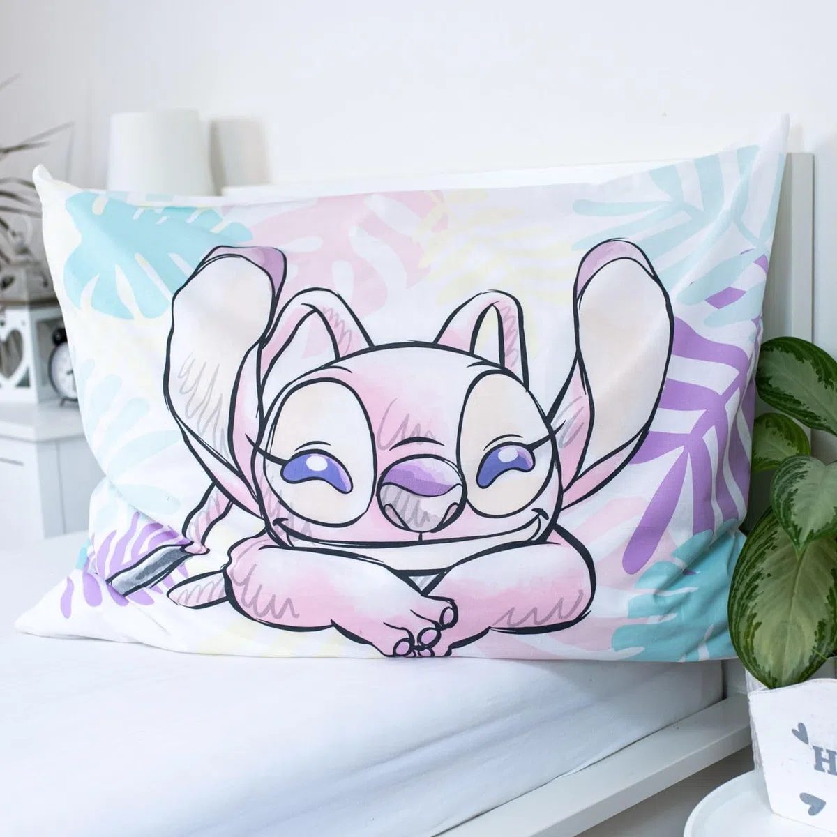 Stitch y Angel Hojas Funda Nórdica Cama 90 140x200 + Funda Almohada 70x90 | Ropa de cama reversible | Algodón natural transpirable Oeko-Tex | Disney Lilo & Stitch | Adolescente | Regalo | Idea regalo