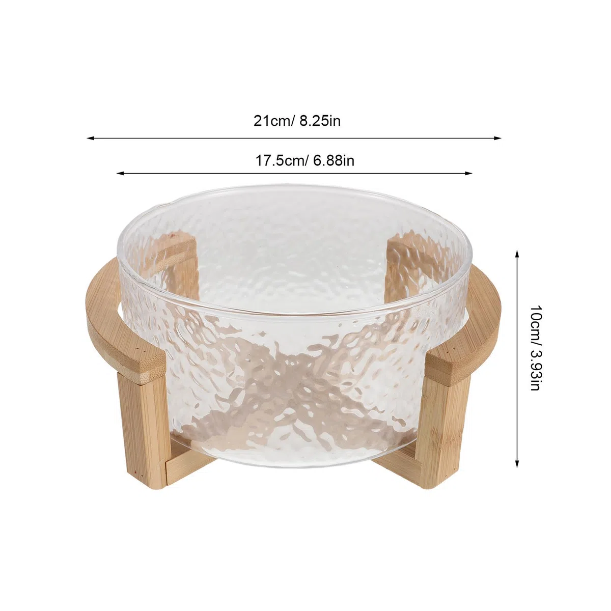 Bol para Ensalada de Vidrio con Soporte de Bambú Seguro, Tamaño 21x17.5x10cm, Diseño Elegante y Versátil para Servir Postres y Fiestas