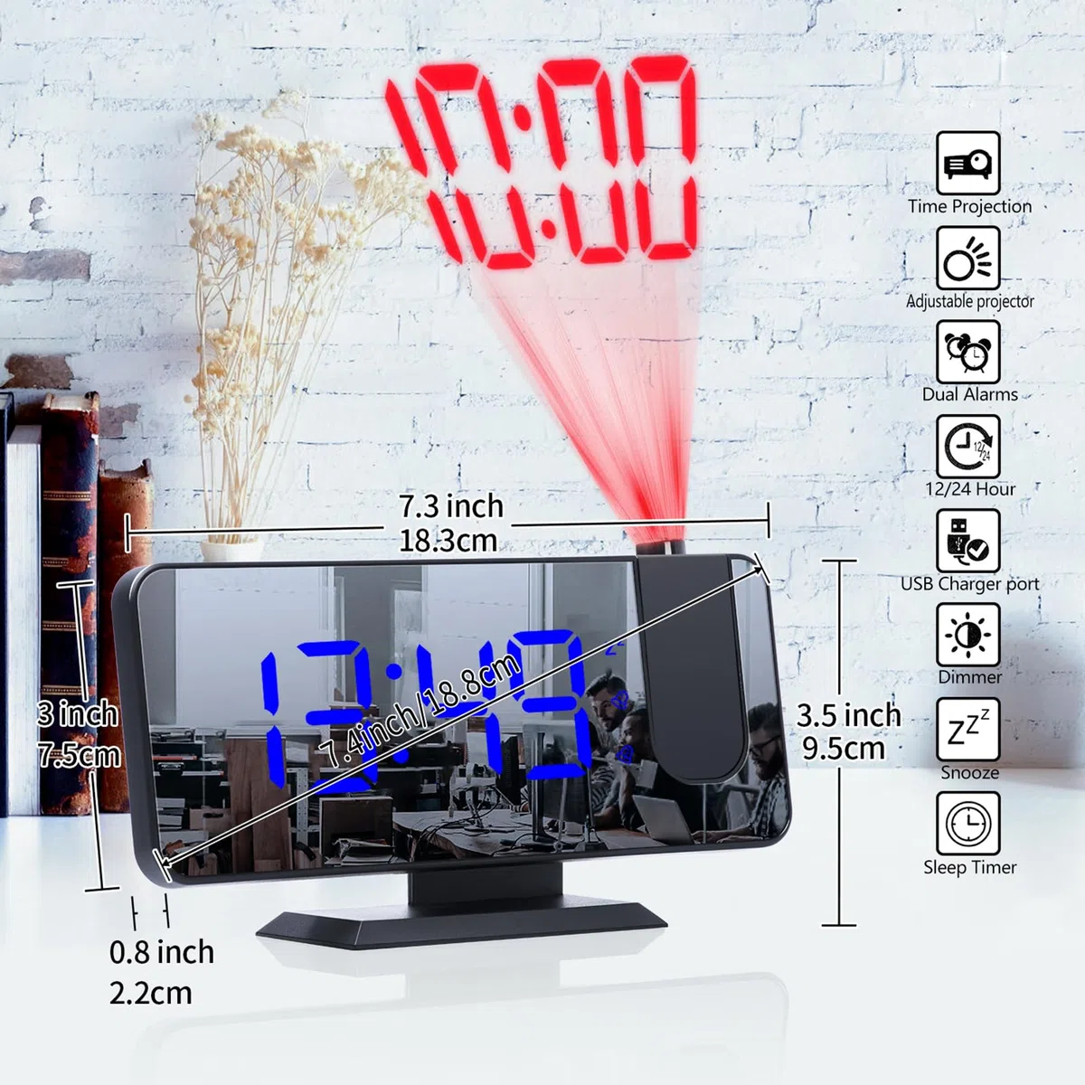 Despertador de proyección, Reloj Despertador Digital con Proyector con Temperatura y Fecha Pantalla Grande 4 Niveles de Brillo Modo Nocturno 12/24H,Puerto de Carga USB,Doble Alarma