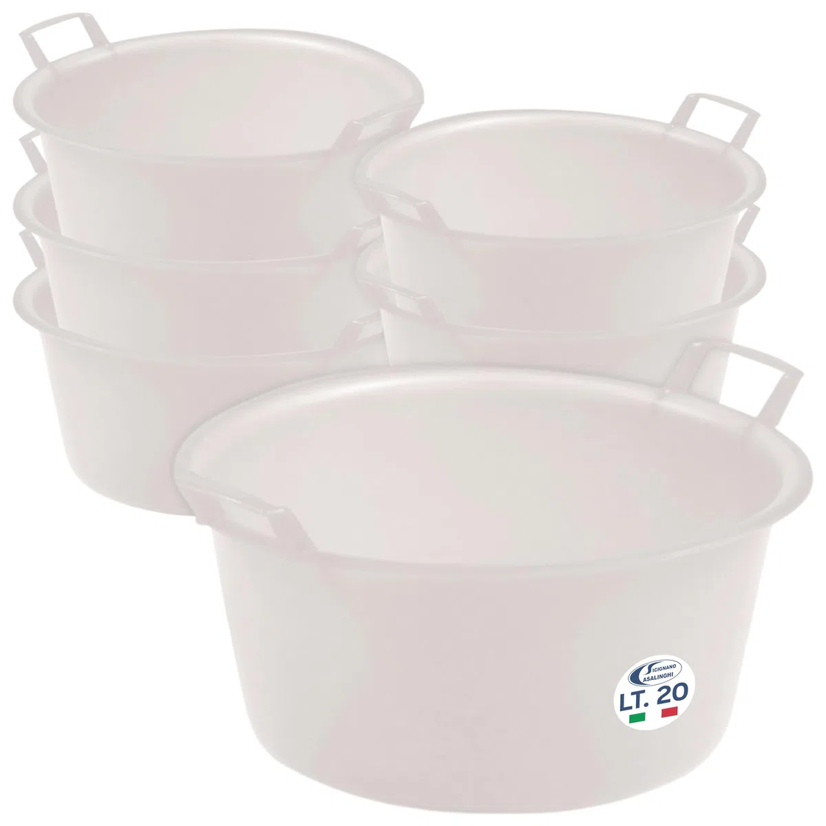 Sicignano | Juego de 6 cuencos redondos de polietileno – Idónea para el contacto alimentario – Multiusos para cocina, lavandería, jardinería y limpieza doméstica – Resistente y ligera, (neutro
