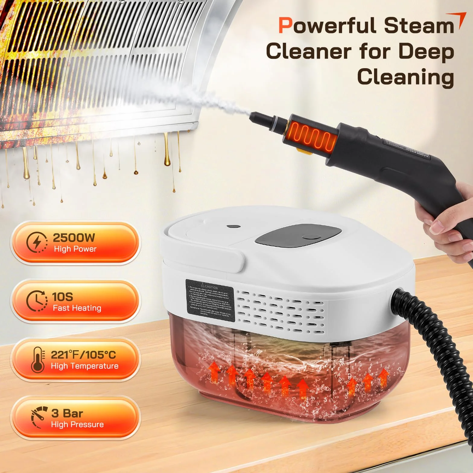 Vaporeta Limpieza Hogar,Limpiador a Vapor Portátil de Mano 2500W con 1600ml, 105°C Vapor Presurizado con 19 Accesorios para Sofá, Cocina, Baño,Automóvil, Ventanas y Tapicerías
