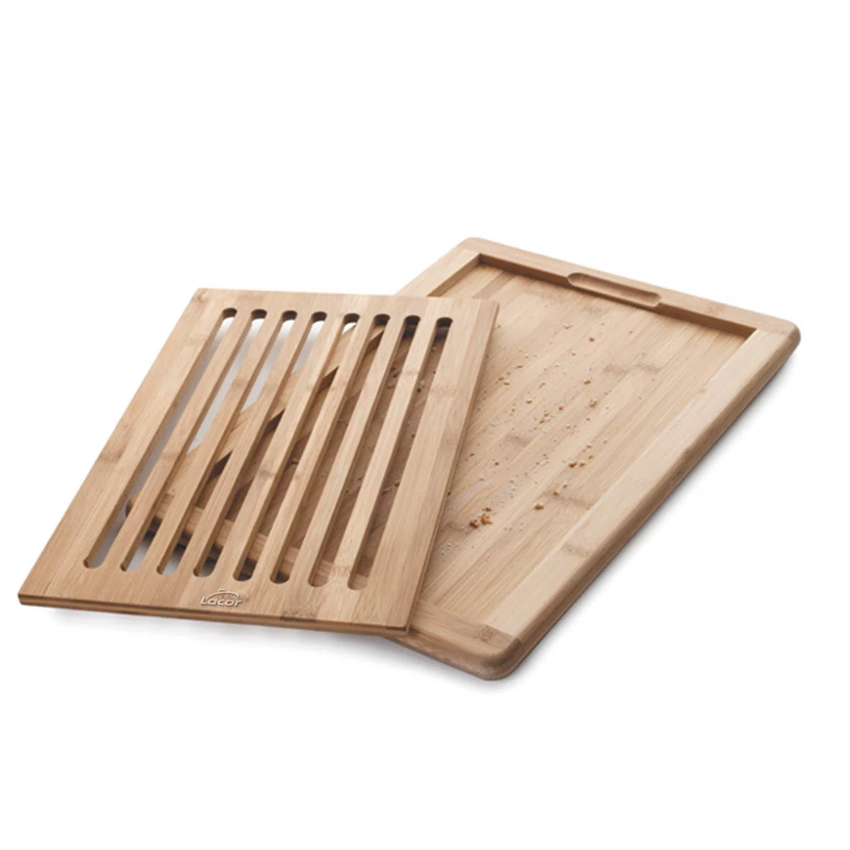LACOR 60487 Tabla de Cortar Pan de Bambú, Con bandeja recogemigas, Robusta y resistente, 8 Canales horizontales, Beige, 40 x 30 x 2 cm