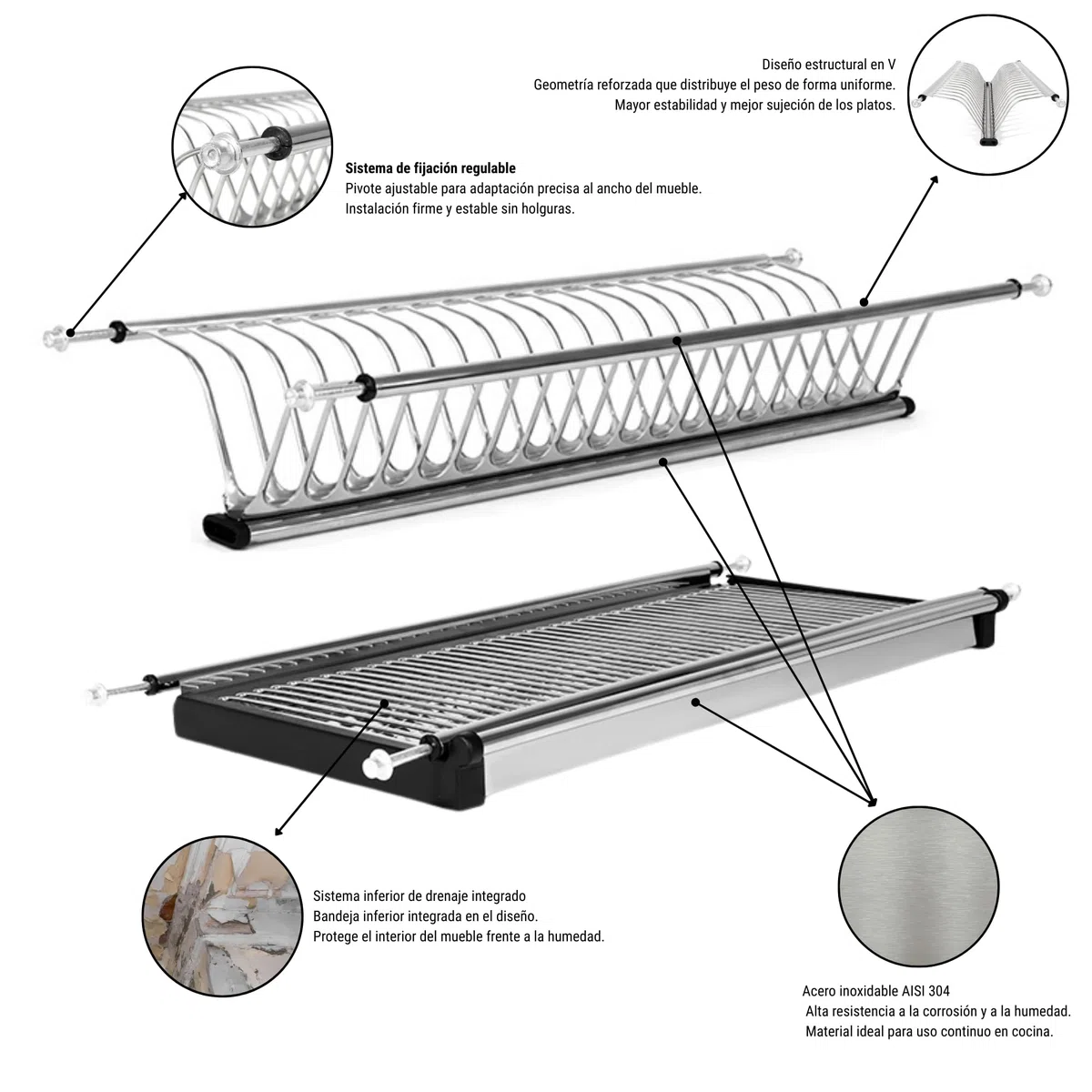 ALK Escurreplatos Acero Inoxidable AISI 304 con Bandeja – Escurridor Platos y Vasos – Organizador Cocina – Escurreplatos Armario – Disponible en Dos Acabados (Acero Inoxidable, M600)