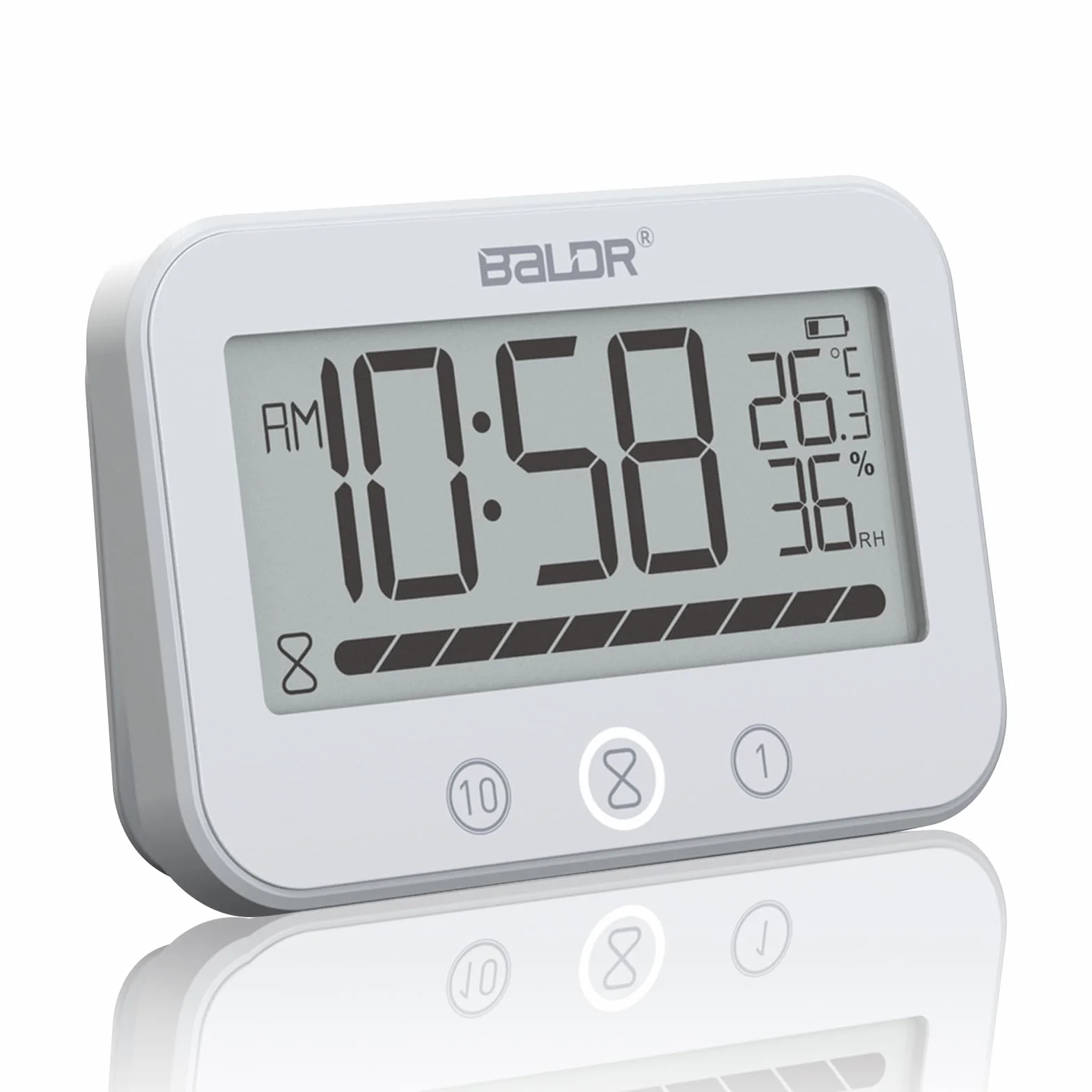 Reloj de baño digital, IP54 impermeable reloj de ducha con temperatura y humedad, temporizador de cuenta regresiva de 99 minutos con alarma, temporizador con 2 ganchos adhesivos y 2 ventosas