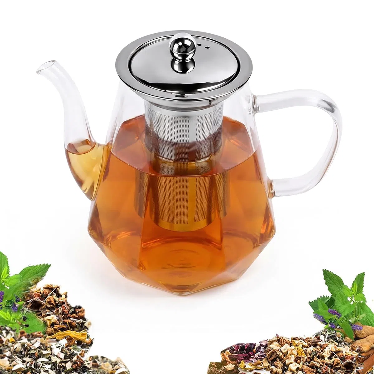 1,2 L Tetera Cristal con Filtro para Separación de Agua y Té, Resistente al Calor, con Colador extraíble de Acero Inoxidable, Tetera Infusiones Para Té a Granel, Flores o de Frutas