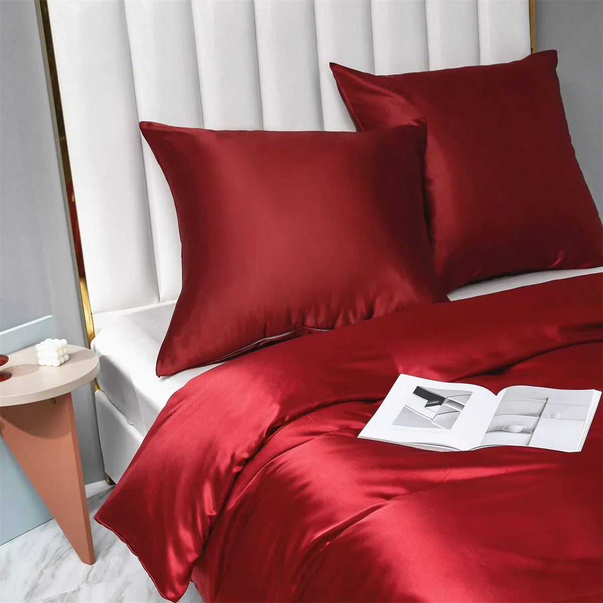 Funda de edredón de satén (220 x 240 cm), color rojo liso y brillante, juego de cama de satén suave, seda suave, ropa de cama para 2 personas adultas con cremallera y fundas de almohada de