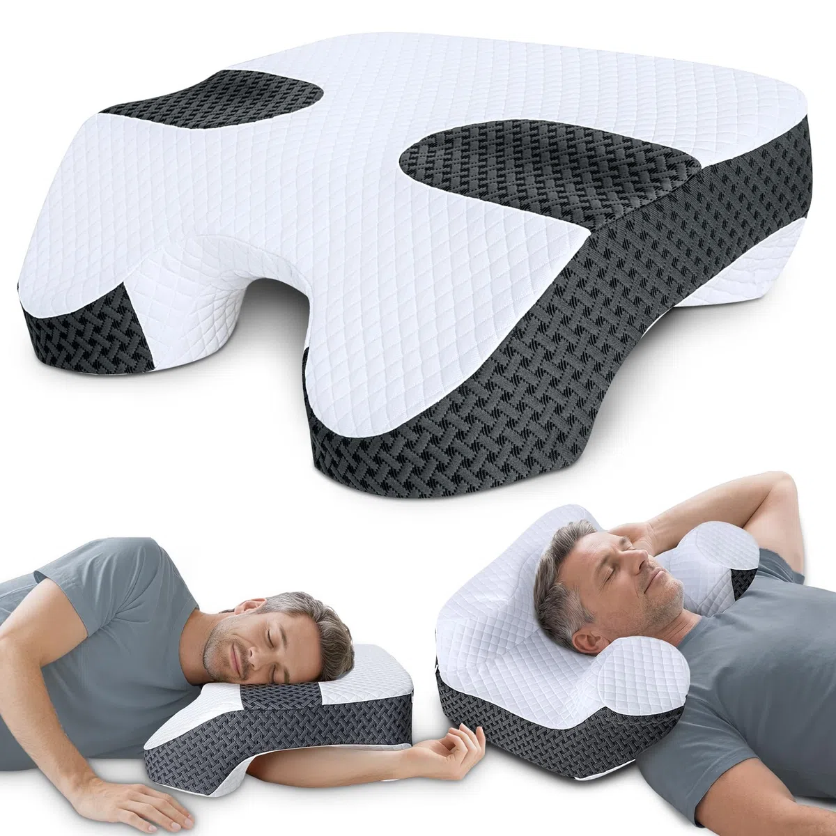 SAHEYER Almohada Cervicales y Cuello, 2 en 1 Almohada para Brazo Ergonómica, Almohada para Dormir de Lado Espuma Viscoelástica con 3 Huecos para los Brazos