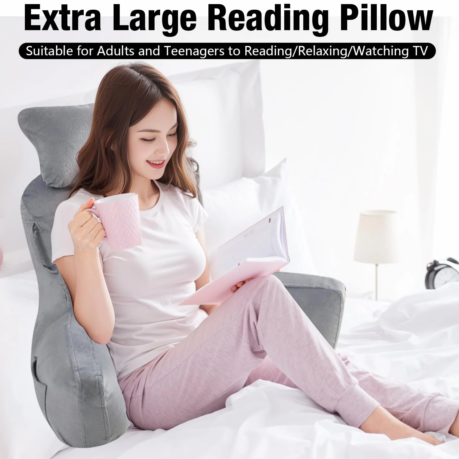 Suewidfay Almohada Lectura Cama, 90x80cm Grande Cojín Lectura con Respaldo Apoyo Lumbar y Cuello Desmontable y Brazos, Cojin Respaldo para Trabajar, Leer o Jugar en la Cama Sofá Suelo
