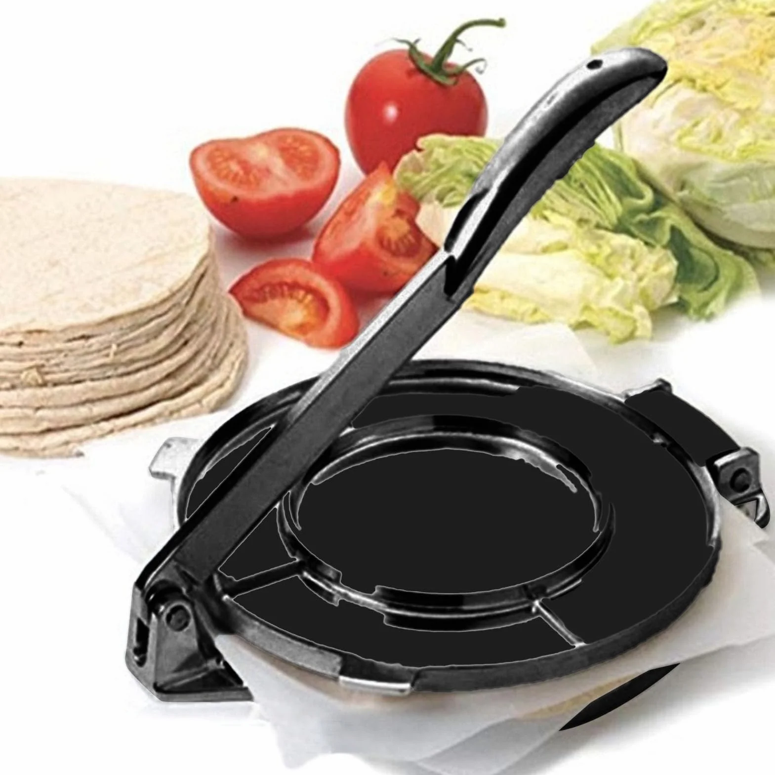 Prensa de Tortilla Manual de Aleación de Aluminio para Hacer Hamburguesas de Pastel de Pizza (16cm negro)