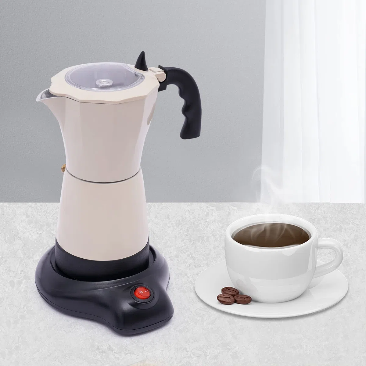 Máquina de café espresso para 6 tazas, cafetera eléctrica con base, cafetera eléctrica, urna de café, 300 ml (blanco crema)