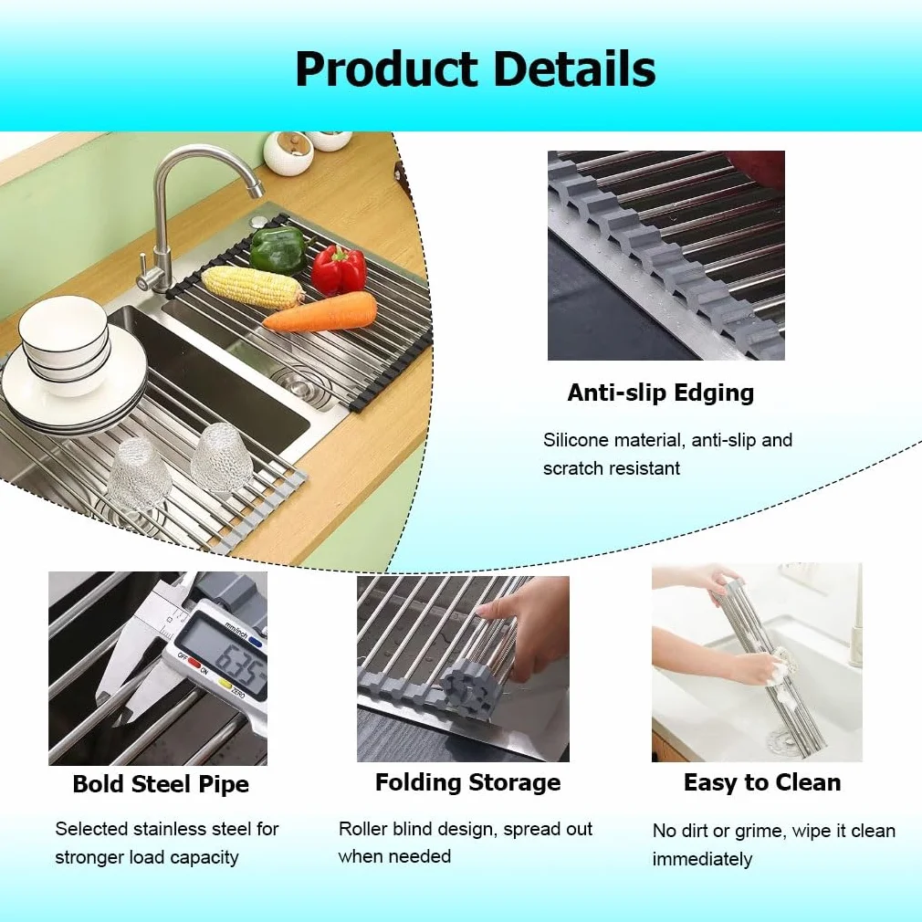 Escurridor de platos enrollable para colocar sobre el fregadero, ideal para la encimera de la cocina. Alfombrilla plegable para escurrir platos sobre el fregadero. Escurridor plegable de acero inoxid