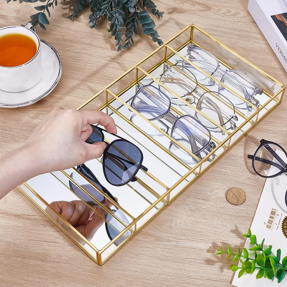 UNICRAFTALE Vitrina de almacenamiento de gafas, 6 rejillas, rectangular, de cristal, organizador de gafas de sol, soporte dorado múltiple para guardar gafas, joyas, relojes, bandeja de presentación