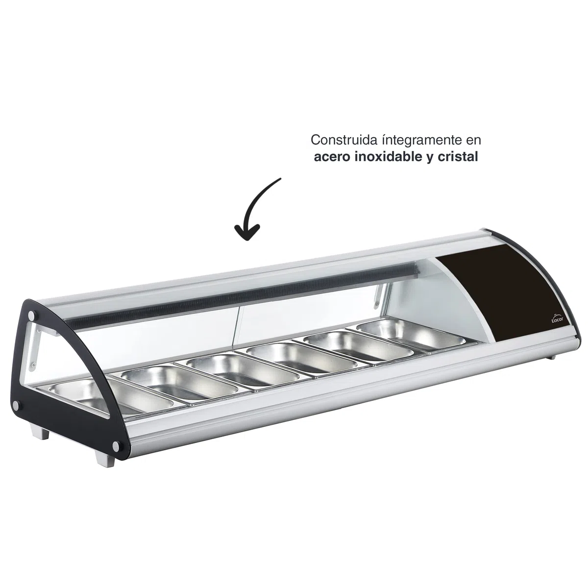 Lacor - 69606 - Vitrina Refrigerada, Expositor de Alimentos, Cristal y Acero Inoxidable, Capacidad: 6xGN 1/3, 160 W, Termostato Regulable: 0ºC - 12ºC
