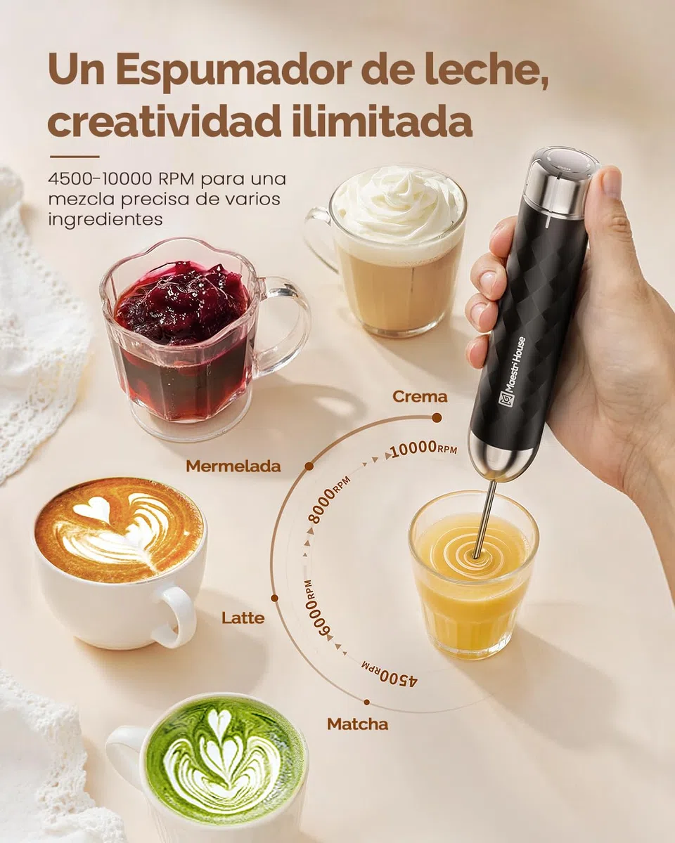 Maestri House Espumador de leche, Batidora con Control de Velocidad Continuo, Espumador Leche Recargable con Batidor y Soporte de Acero Inoxidable, Batidor Electrico te Matcha