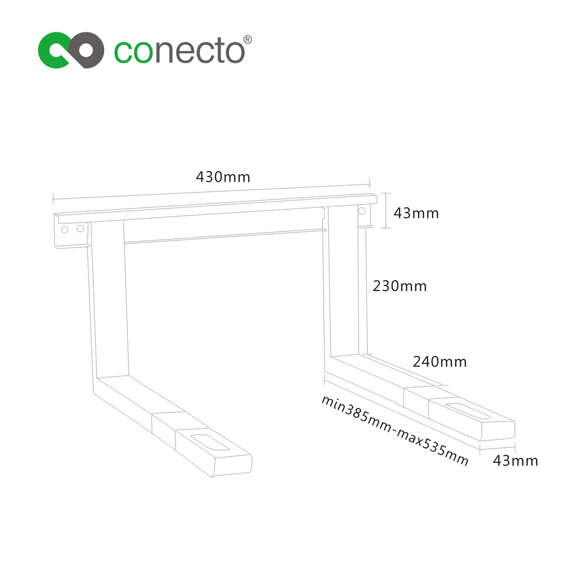 conecto Universal/Soporte para microondas para Montaje en Pared, Soportes Ajustables en Longitud (38,5-53,5 cm), Ancho de Soporte 43 cm, Capacidad de Carga máxima 35,0 kg, Blanco