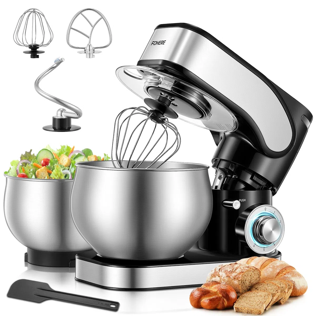 Batidora Amasadora con 5L + 3L Doble Bol de Acero Inoxidable | Gancho de Amasar Reforzado,Amasadora de Pan Amasadora Repostería 1300W, Pizza, Bollos y Repostería Casera