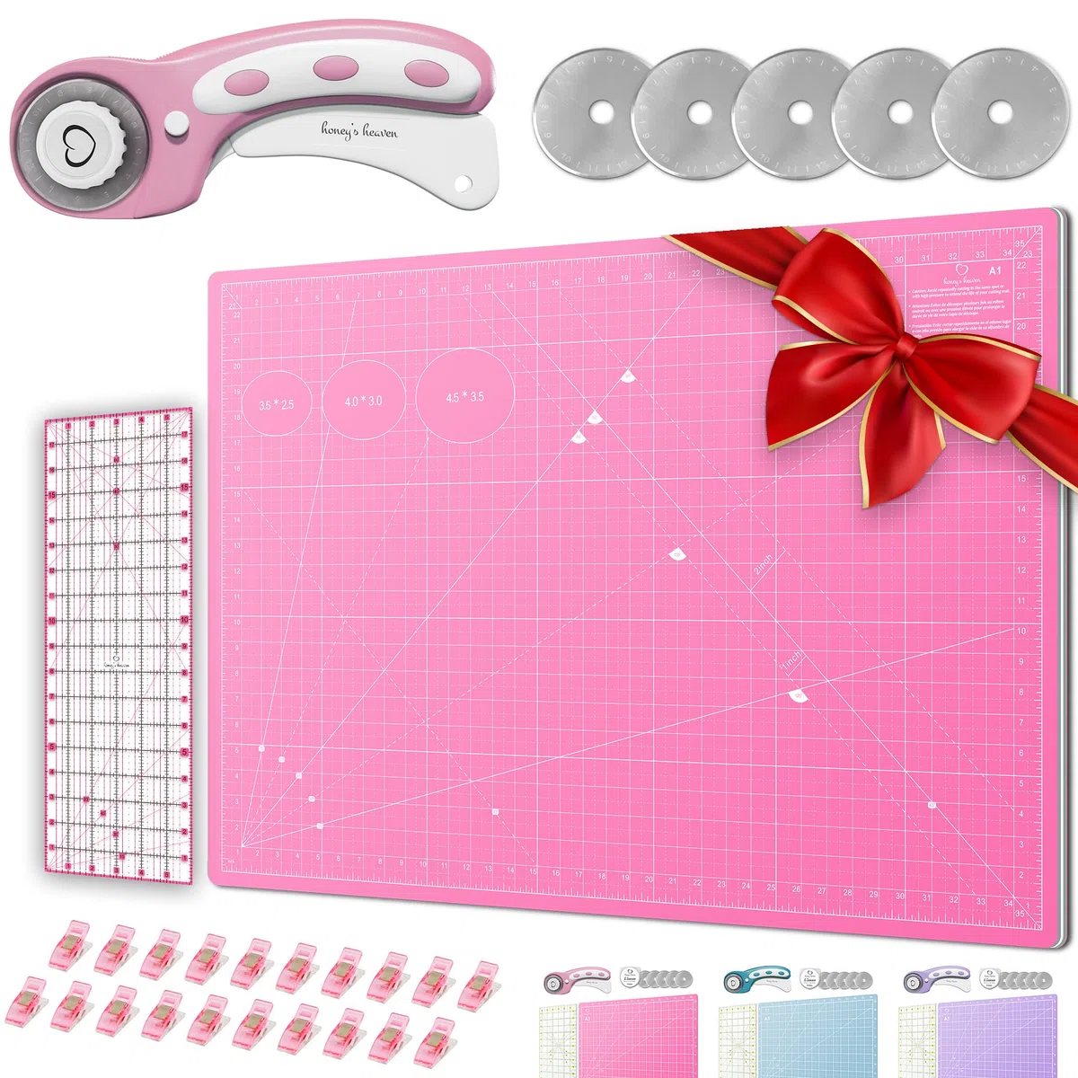 Juego de cortadores rotativos – Kit de acolchado con cortador de tela de 45 mm, 5 cuchillas de repuesto – Ideal para manualidades, costura, patchwork, ganchillo y tejer (rosa, juego A1 de 91 x 60 cm)