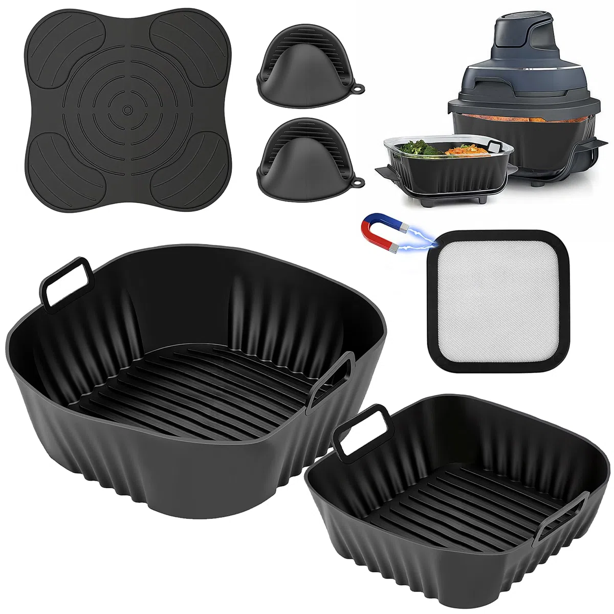 SelfTek 6 Piezas Airfryer Accesorios para Ninja CRISPi FN101EU – con 2 moldes de Silicona, protección contra Salpicaduras, Guantes de Silicona, Alfombrillas de Silicona para Accesorios Ninja Crispi