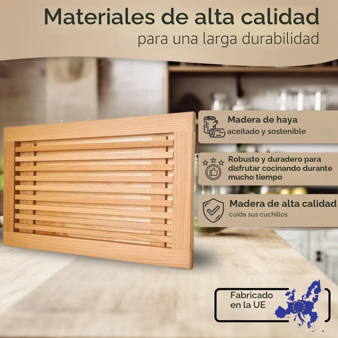 Tabla de cortar pan fabricada en la UE con rejilla para migas y asas de madera de haya aceitada, 40 x 25 cm, tabla de cortar pan, baguettes y panecillos, tabla de servir – aceitada y sostenible