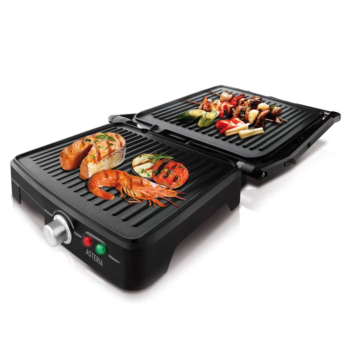Taurus Asteria - Grill y plancha de asar, 2200W, placas de 28 x 22 cm, parrilla eléctrica con regulador de temperatura, apertura 180º, asa de toque frío, antiadherente libre de PFOA, Negro/Inox