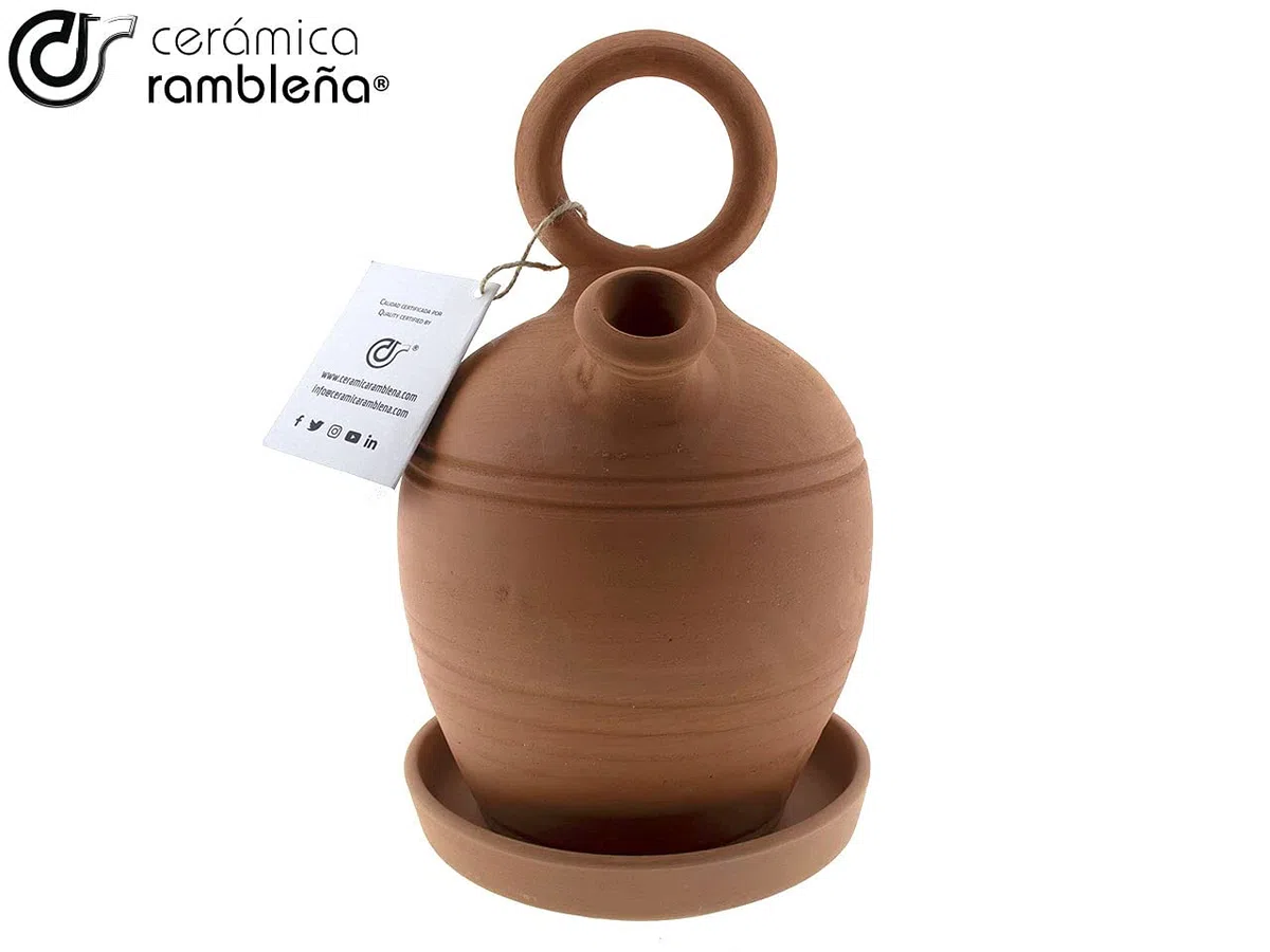 CERÁMICA RAMBLEÑA | Botijo de Barro Rojo Tradicional asa Redonda Base Ancha de La Rambla (Córdoba) | 100% Hecho a Mano | 3 litros | Eco | Plato Incluido