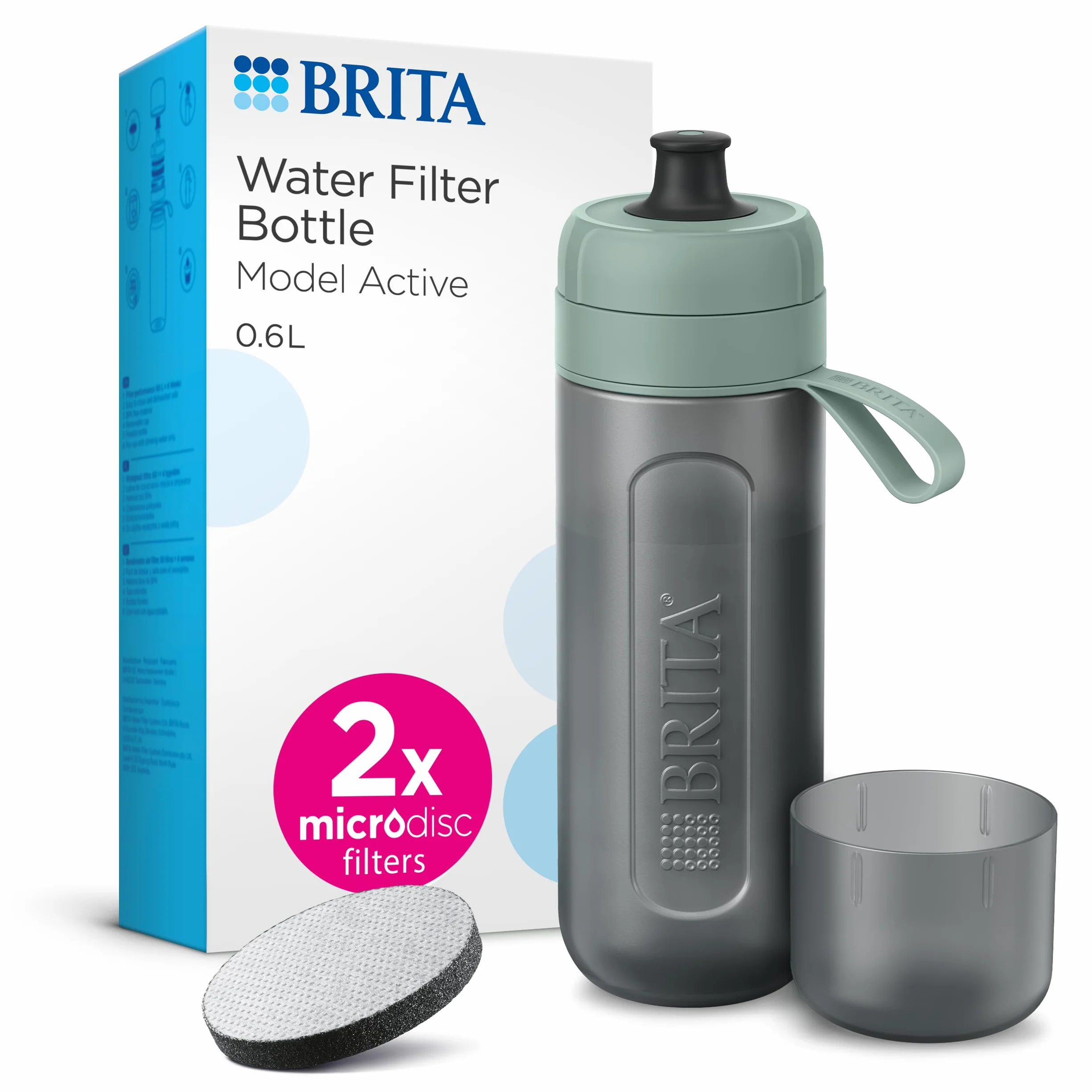 BRITA Botella deportiva con filtro de agua Active verde oscuro (600 ml) – Botella comprimible sin BPA para viajes, filtra cloro, impurezas, hormonas y pesticidas al beber/apto para lavavajillas