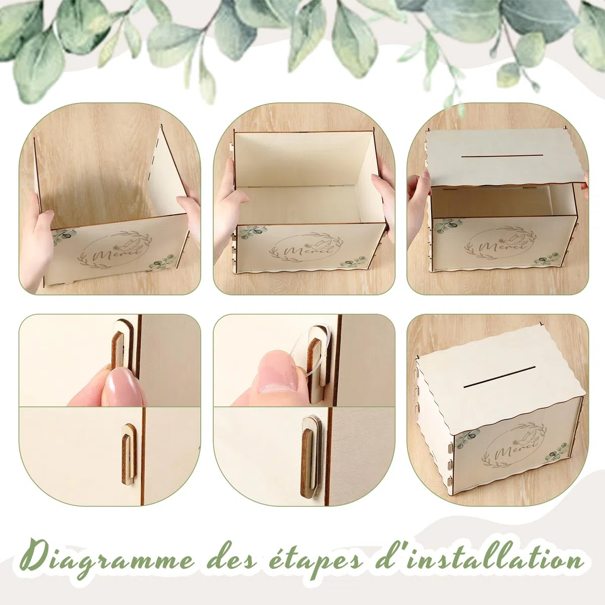 Namalu Urna de Cumpleaños Bautizo Caja deTarjetas Hucha de Madera Alcancía Decorativa para Bodas Decoración Festiva Caja de Regalo para Cartas Sobres y Dinero(Merci, Paloma, Eucalipto)