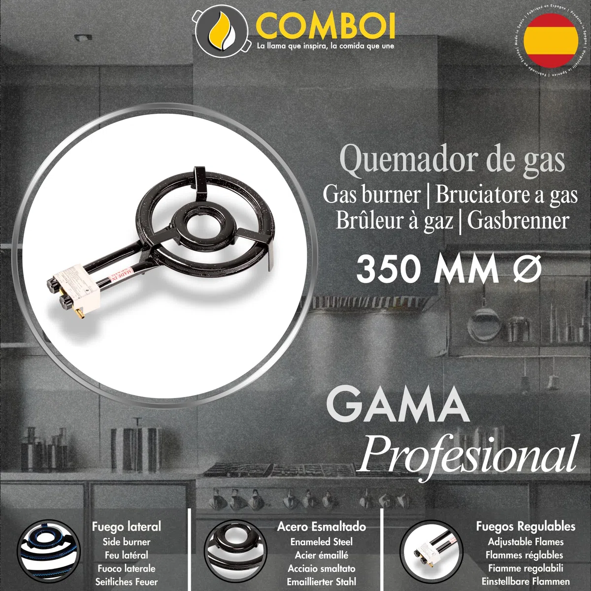 COMBOI Paellero gas butano, Kit Profesional, Quemador plano 35 cm, Paellera Pulida 46 cm, Regulador, Manguera, Soporte Patas, Nivel, Delantal, Libro Recetas Digital (Kit Paellero Pro 35 cm)