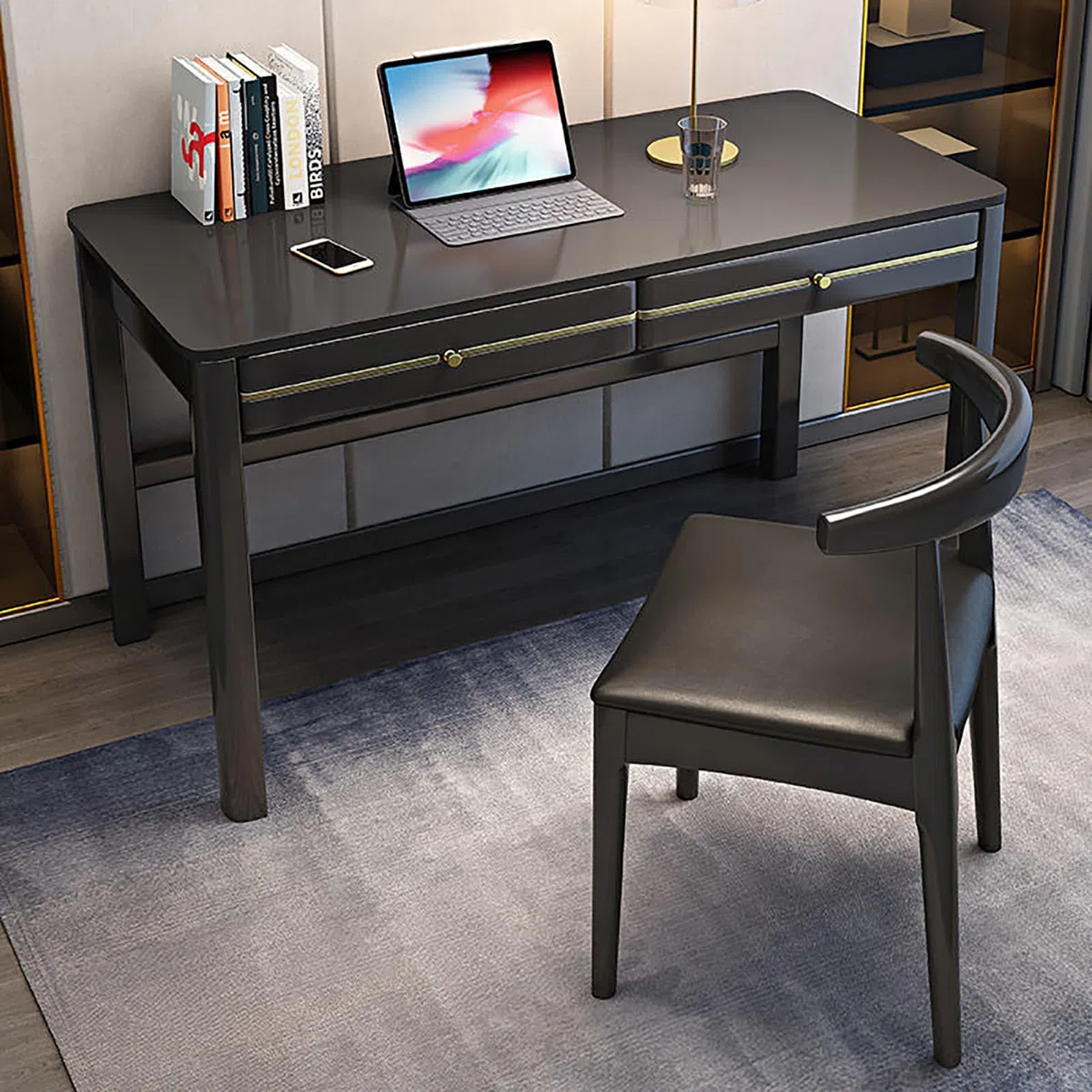 Escritorio Moderno de Mediados de Siglo con 2 cajones, de Madera Maciza, para Oficina en casa, estación de Trabajo Estable con Amplia Superficie de Trabajo, Mesa de Estudio para teletrabajar