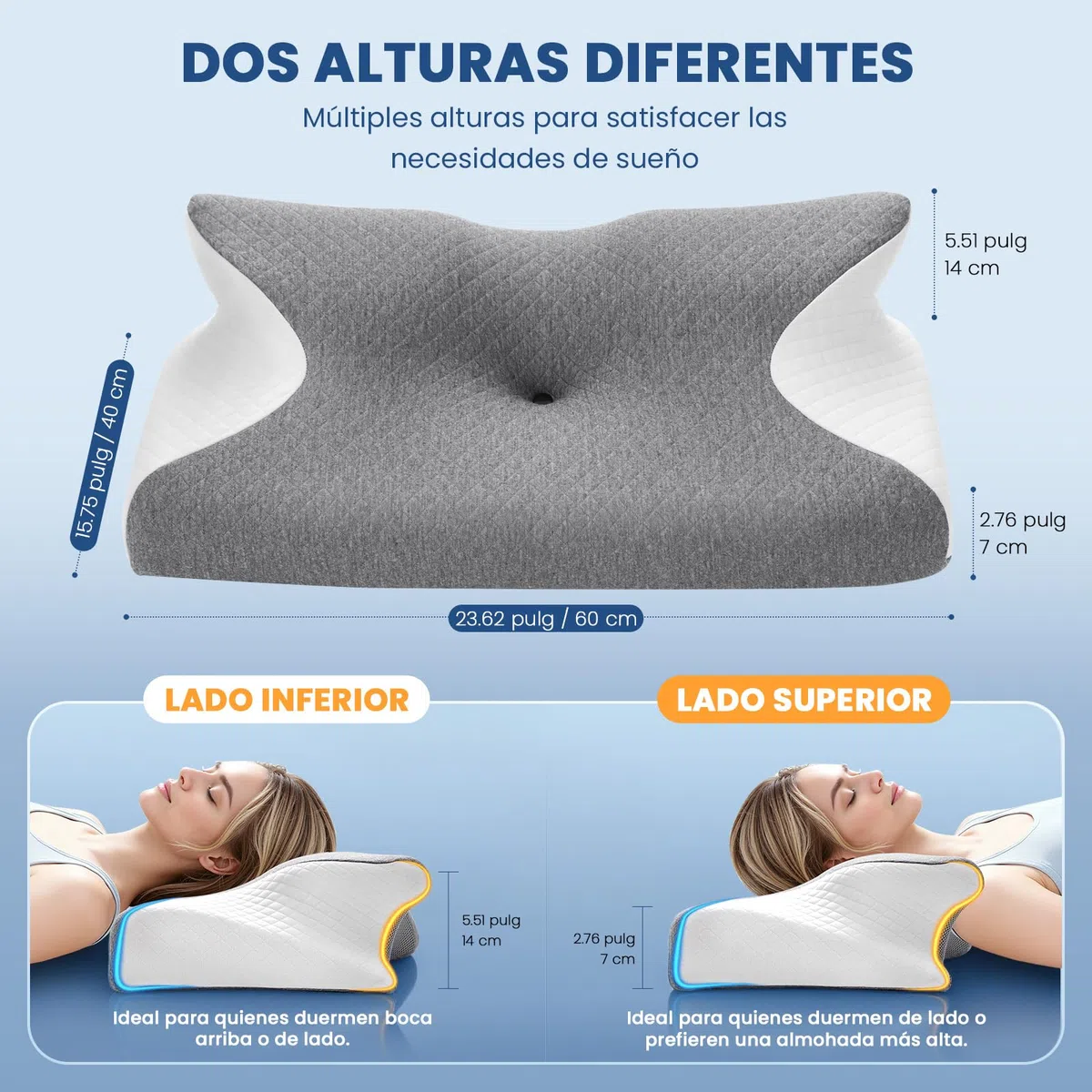 A-Pce Almohada Cervicales y Cuello, Almohada Ergonómica de Espuma Viscoelástica, para Aliviar Dolores de Cuello, Hombro y Espalda, Ideal para Dormir de Lado, Boca Arriba y Boca Abajo, Gris-Blanco
