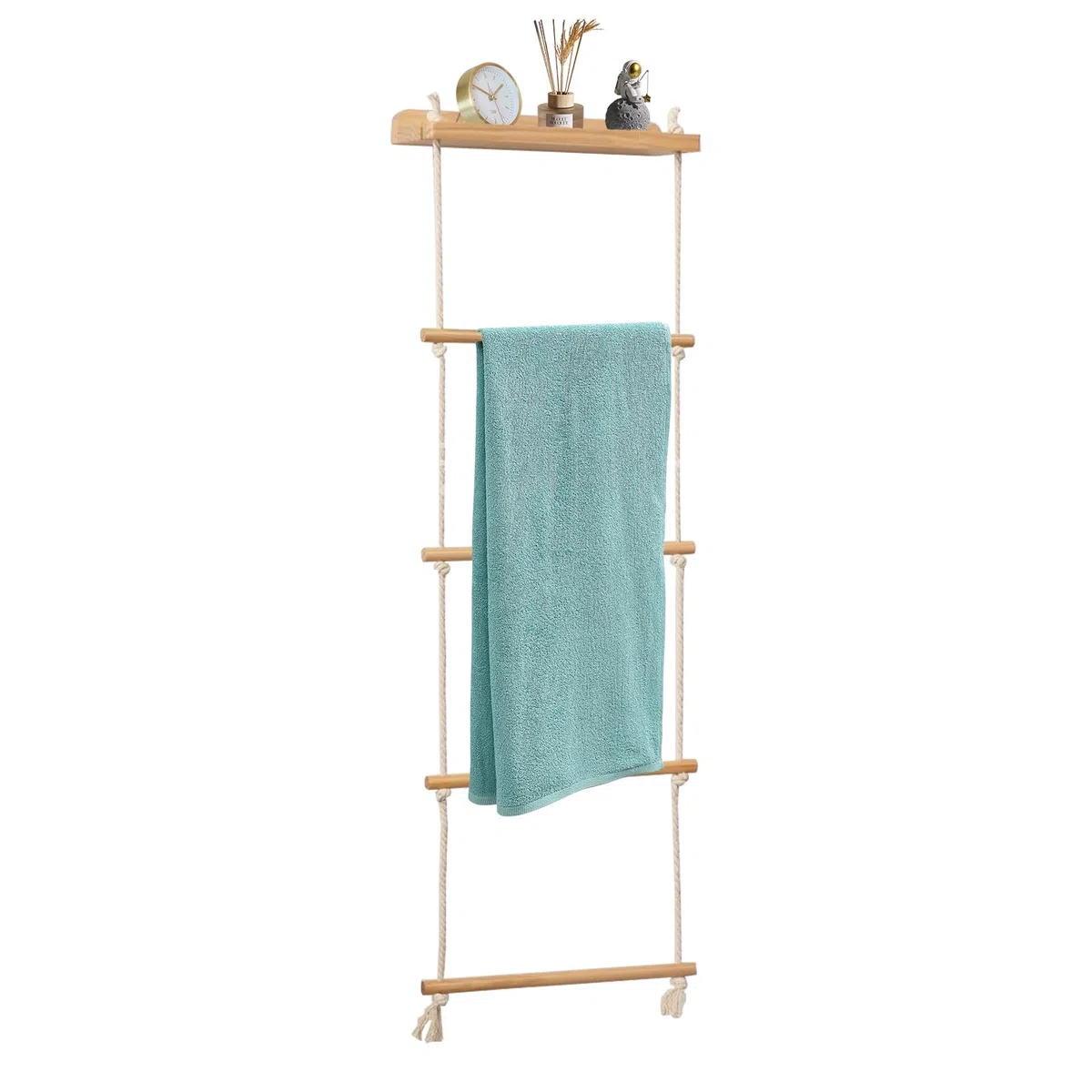 Escalera Toallero 5 Niveles, Toalleros Pared de Baño Estantería de Escalera Inclinada con Estante Escalera de Cuerda Escalera Decorativa Madera para Dormitorio Accesorios Baño