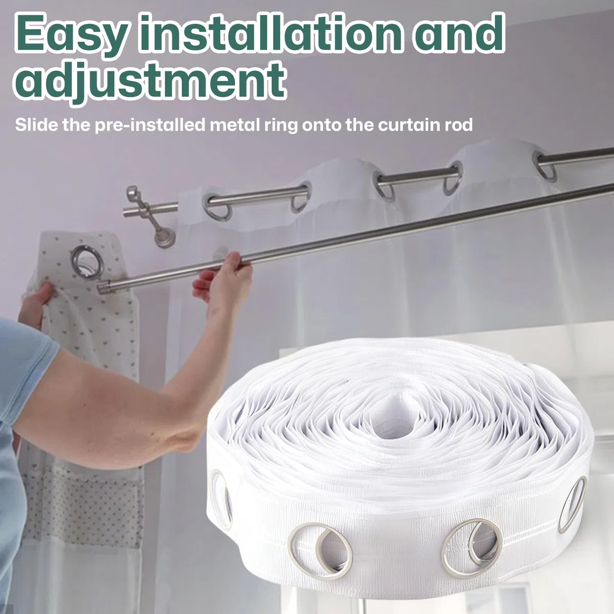 Cinta de cabecera de cortina blanca de 12 m con 96 anillos de ojales (42 mm de diámetro interior) para decoración de cortinas perforadas del hogar