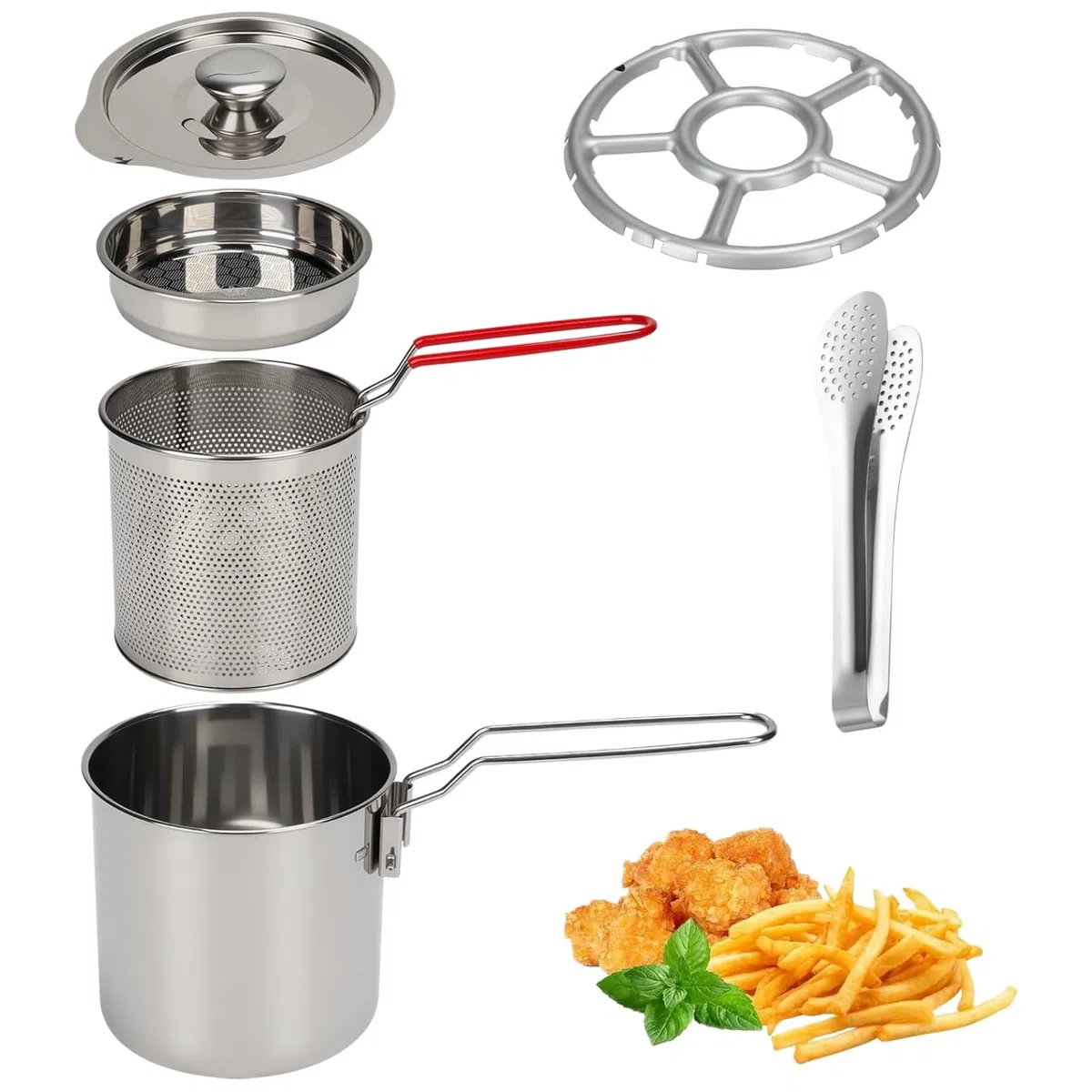 Olla Freidora con Cestillo, 1.2L Mini Freidora Aceite de Acero Inoxidable con Colador Tapa y Clip, Cazo para Freir Pequeña Multifuncional con Mango Largo para Patatas Fritas, Pescado, Pollo (4 PCS)