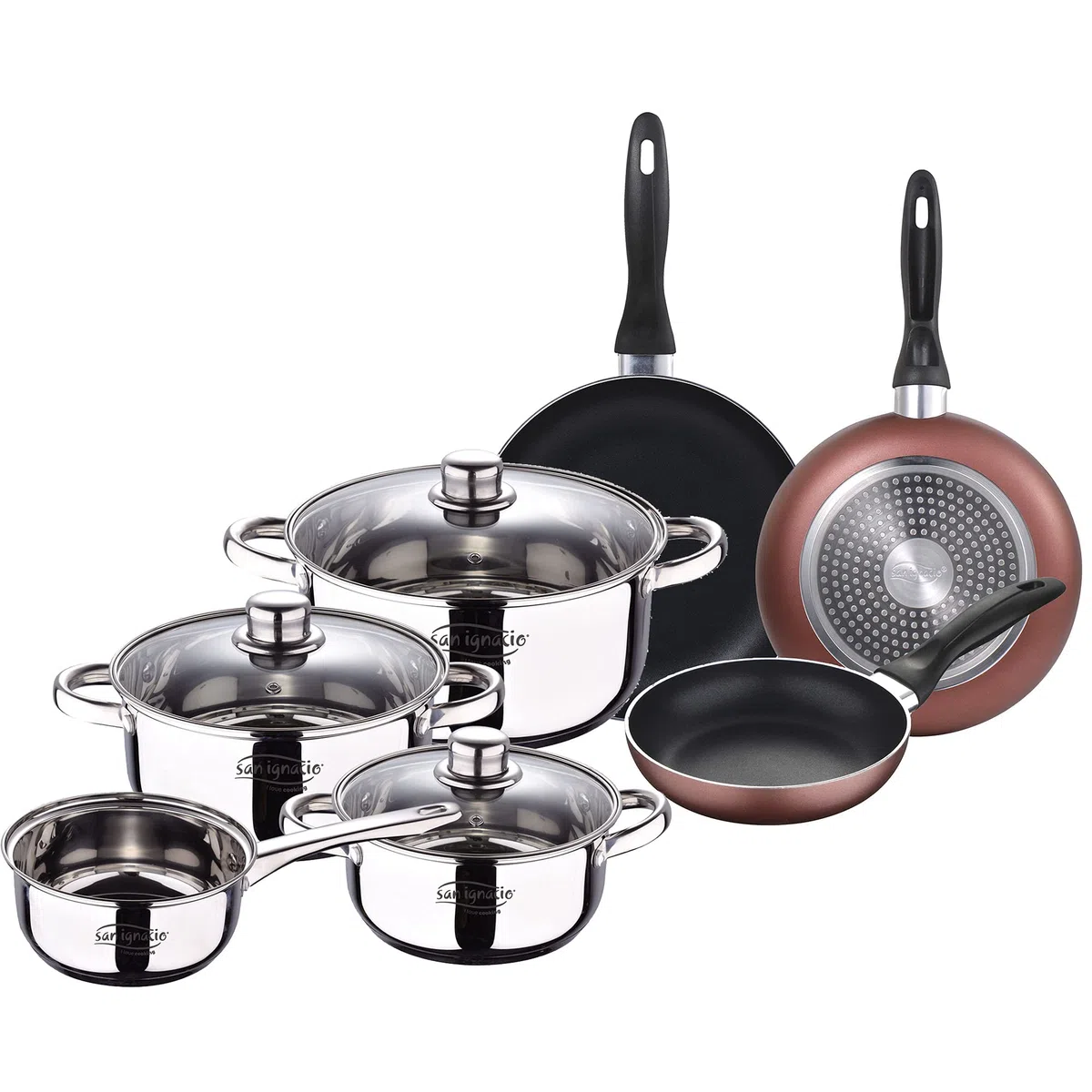 San Ignacio Bateria 7pcs acero inoxidable: Cazo sin tapa Ø16 / Cacerolas con tapa Ø18 ; Ø20 y Ø24 (4.0L) y Set de 3 sartenes Ø16/20/24 cm, aluminio prensado