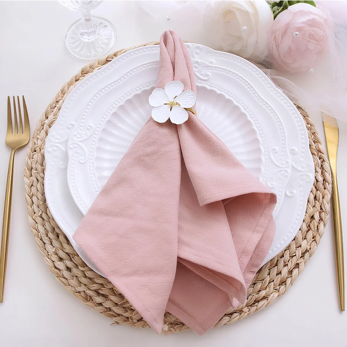 Juego de 6 servilletas de lino Servilletas reutilizables de tela Lavables en algodón 40x40cm para eventos y uso doméstico (malva pálido, beige, blanco, mostaza, rosa empolvado, verde guisante)