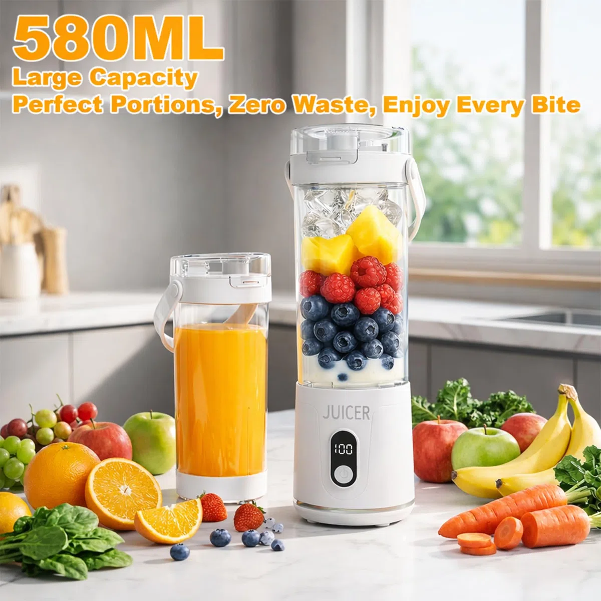 Batidora de Vaso Portátil 580ml, Licuadora Portátil 20000 rpm con 12 Cuchillas Inox, Batidora USB-C Recargable, Mini Blender para Batidos y Smoothies, Ideal Viaje, Deporte y Oficina