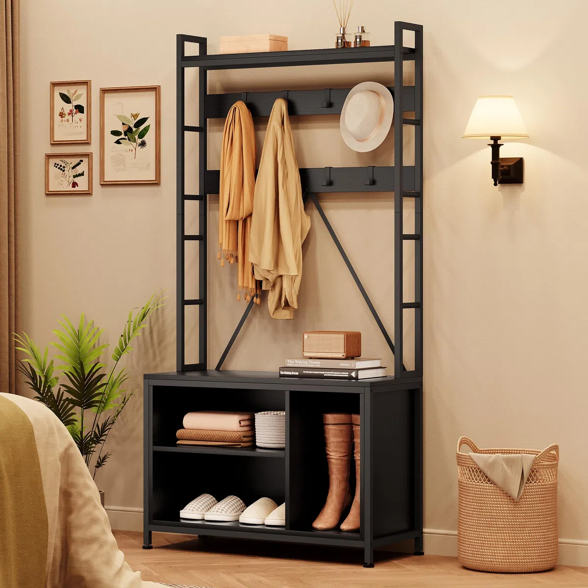 GarveeHome Perchero de recibidor 5 en 1 con banco zapatero, estantes, 17 ganchos y cajones – Organizador independiente de madera de diseño industrial – Ideal para entrada, pasillo o dormitorio – negro