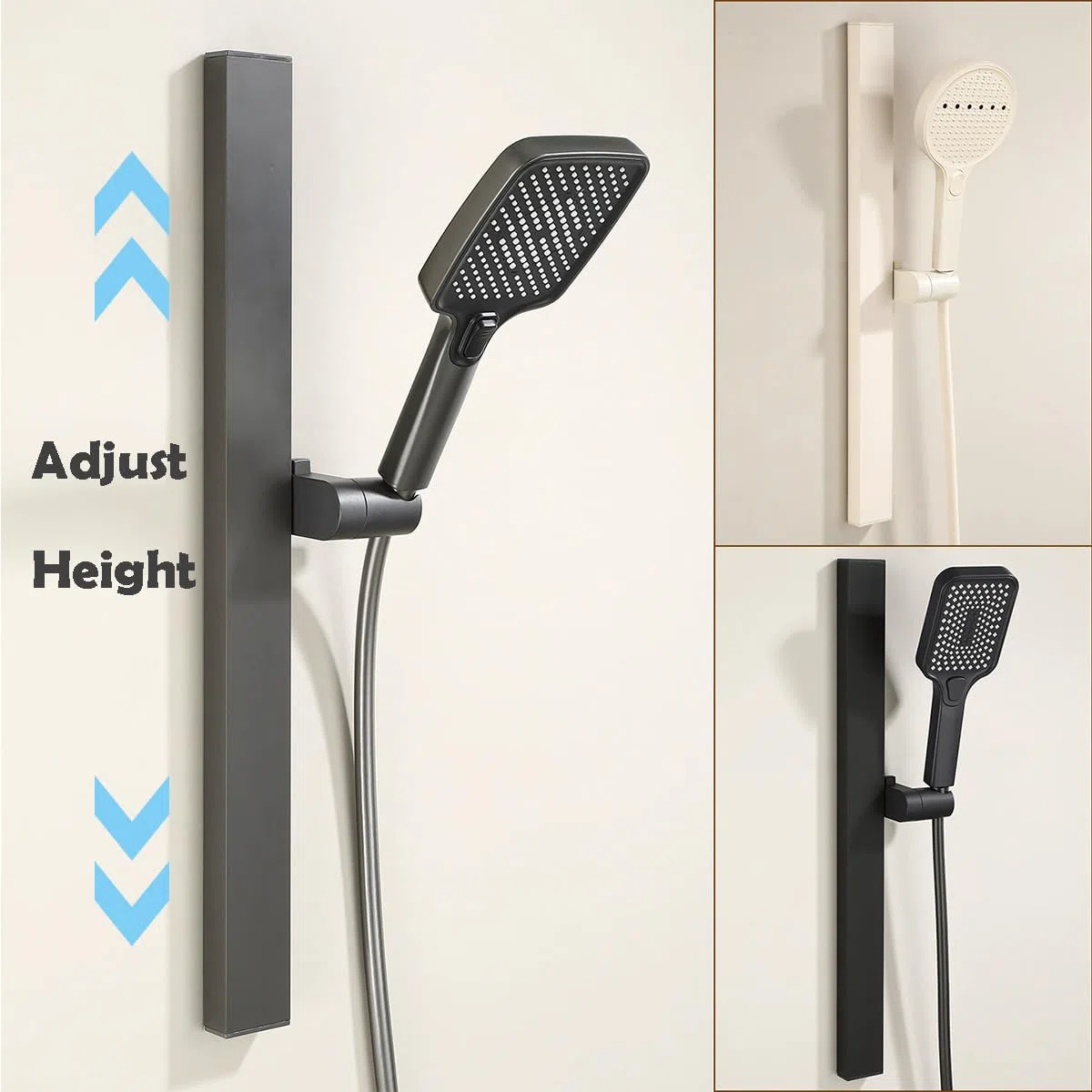 Barra elevadora cuadrada de ducha de 60/70/80 cm, barra deslizante de ducha con soporte giratorio de 360°, kit de riel deslizante de ducha de aluminio montado en la pared (80 cm, negro)