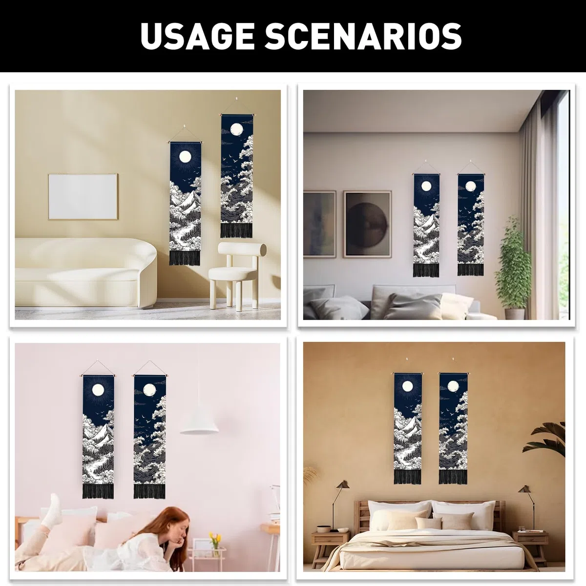 PLIGREAT Paquete de 2 tapices de pared de paisaje natural, montañas serenas, ríos, lunas, sol, para colgar en la pared con borlas, tapiz vertical estético decorativo para dormitorio, sala de estar