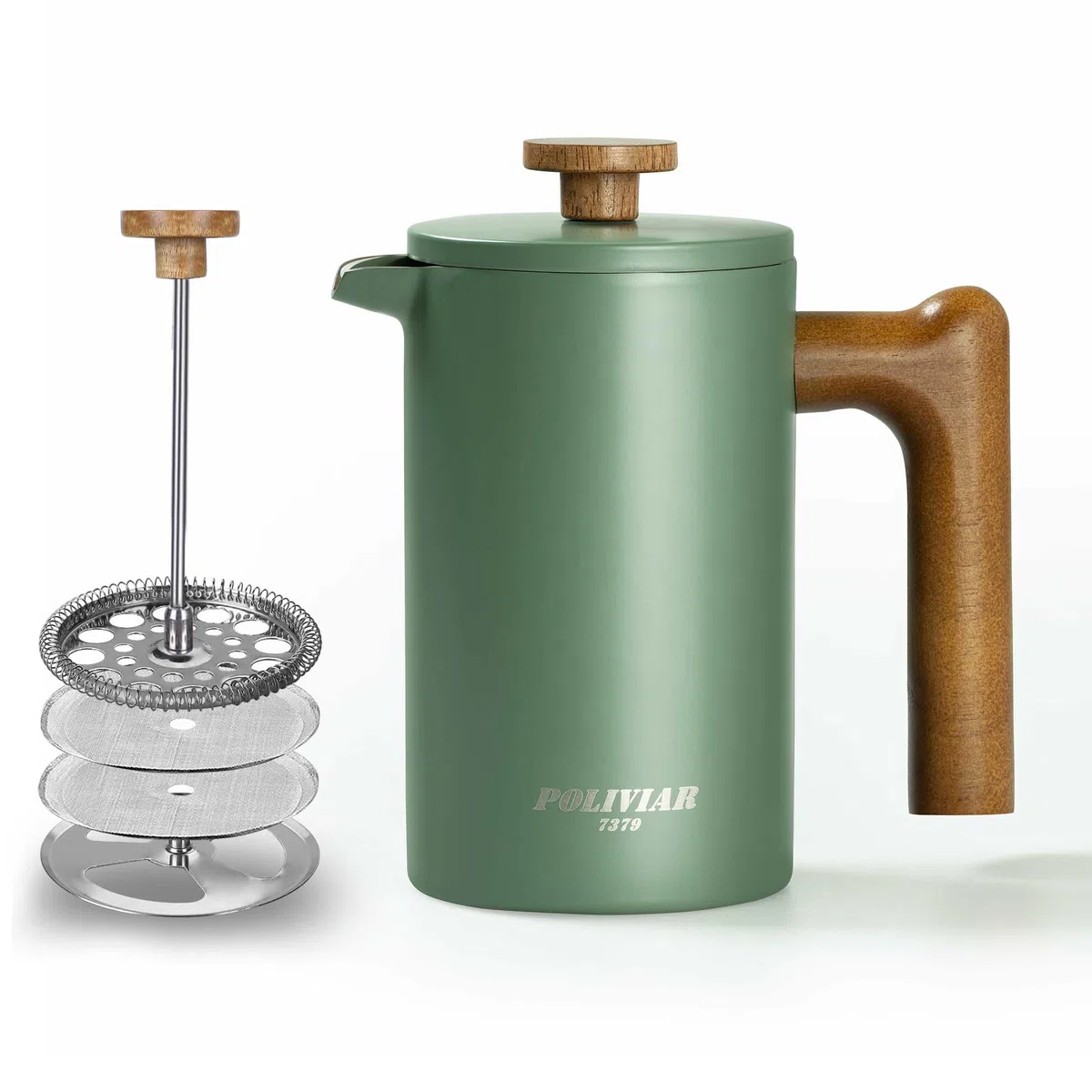 POLIVIAR - Cafetera de acero inoxidable 304 de doble pared de 600 ml, émbolo de café aislado con mango de madera real, filtro de 4 etapas para café molido y té de hojas sueltas