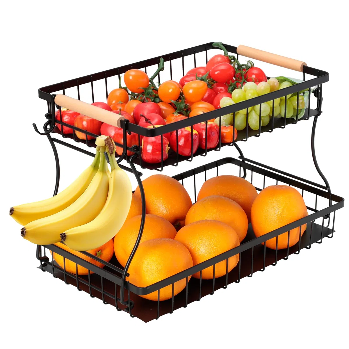 Cozary Cesta de Frutas Metal 2 Pisos, Moderno, Frutero con 2 Bandejas, 2 Ganchos, Fruteros de Cocina para Almacenamiento y Organización Verduras, Fruta, Pan, Ahorra Espacio en Cocina, 37x24x23cm