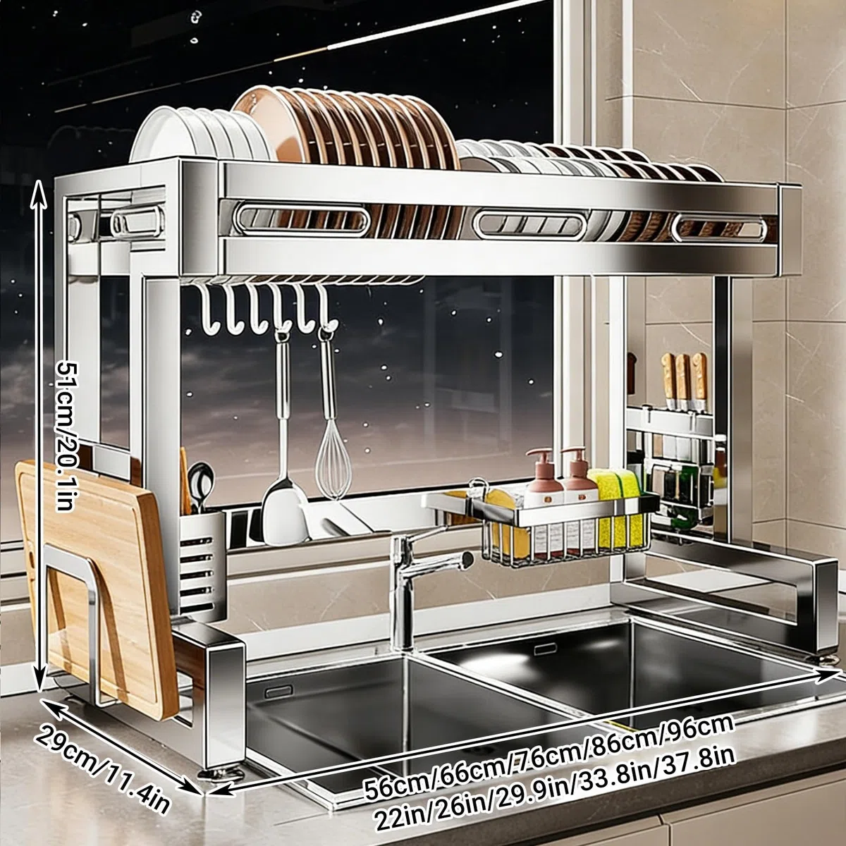 Escurridor de platos para colgar sobre el fregadero, acero inoxidable 304, organizador de múltiples platos de cocina, ahorro de espacio, para platos, vasos, cubiertos (una sola capa, 96 cm)