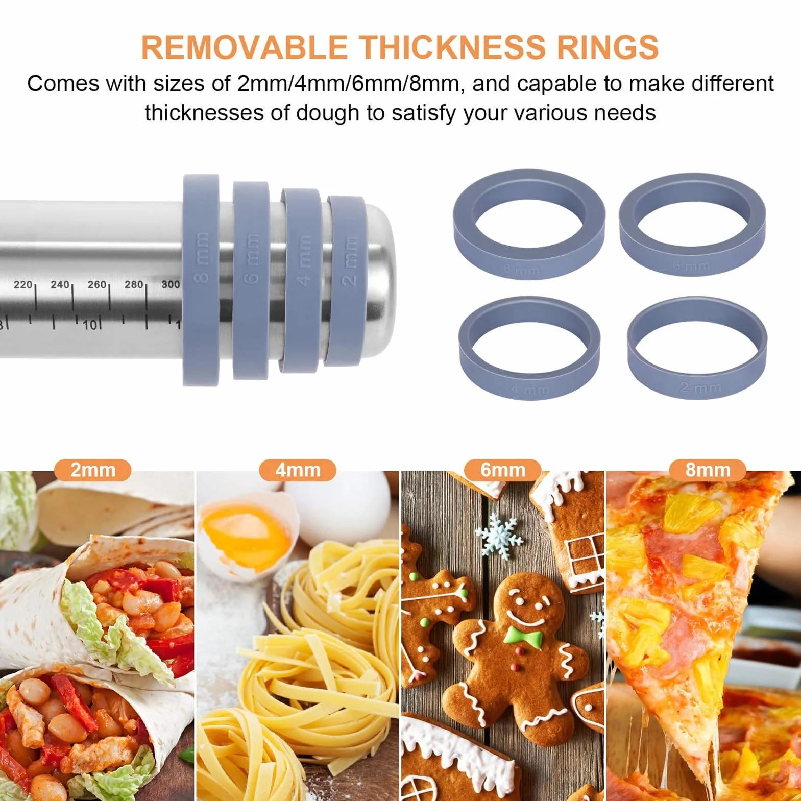 Rodillo de acero inoxidable de alta calidad con 4 anillos guía de silicona, rodillo de masa antideslizante antiadherente para hornear pasteles, galletas, pasteles y pizzas, 42 x 5,5 cm, esencial para